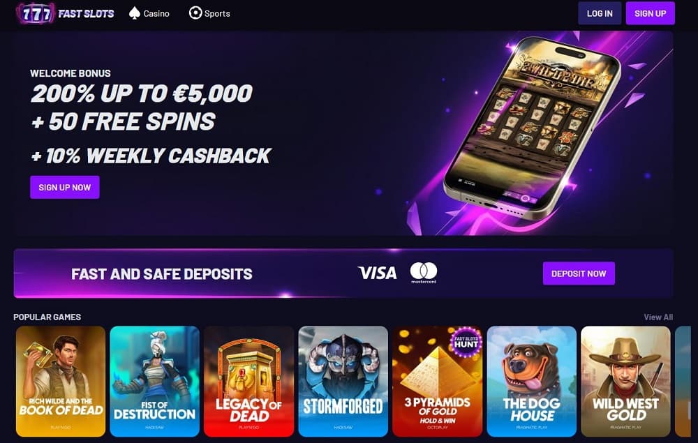 Fast Slots homepage displaying crypto-friendly games and promotions – popular among players exploring California online casinos with instant withdrawals.