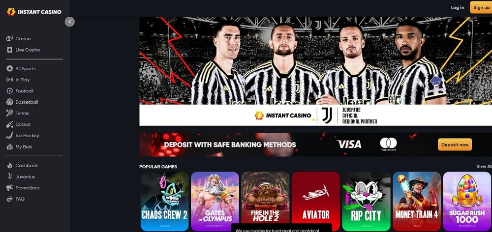 Homepage of Instant Casino showcasing sportsbook and slots interface – a top choice among California online casinos for fast payouts and crypto support.